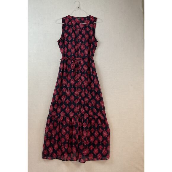Lucky‎ Brand Maxi Dress Womens M Navy Blue Red Floral Sleeveless Sheer Ruffle - Picture 1 of 13
